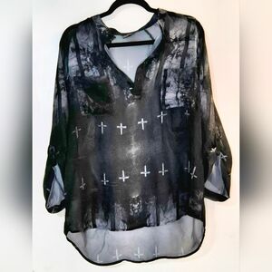 Elegant Sheer Black Blouse with Cross Design